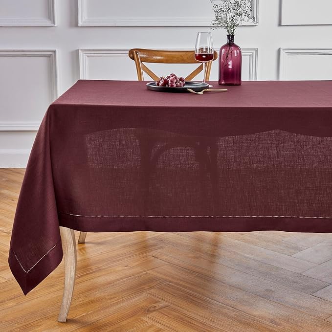 Solino Home Linen Burgundy Tablecloth 60 x 120 Inch - Classic Hemstitch, 100% Pure Linen Rectangular Tablecloth - Machine Washable Table Cloth for Summer, Fall, Autumn