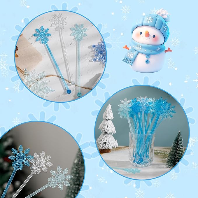 30 Pcs Snowflake Swizzle Sticks Coffee Frozen Stirrers Glitter Winter Stir Sticks Reusable Cocktail Drink for Hot Cocoa Chocolate Bar Supplies(Snowflake)