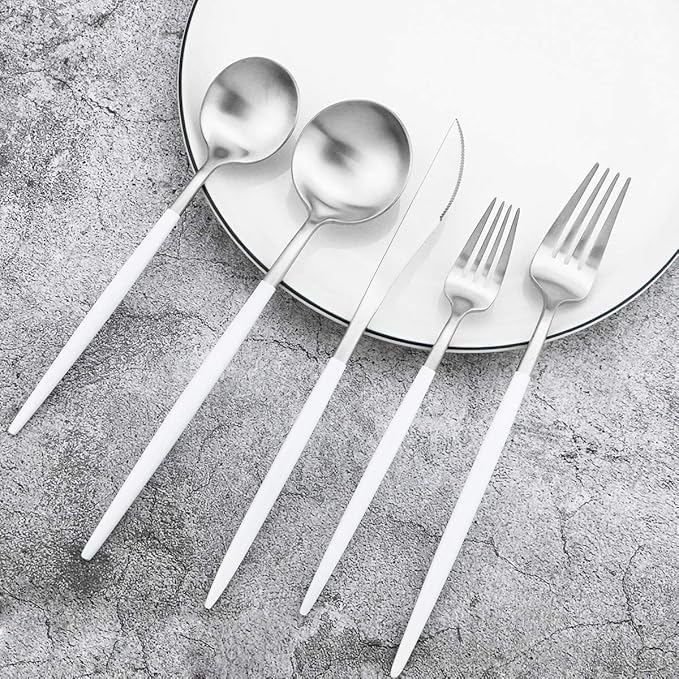 Gugrida 5-Piece Matte Silver Stainless Steel Satin Finish Flatware Set - Dishwasher Safe, Perfect for Camping, Office Lunch or Home Use