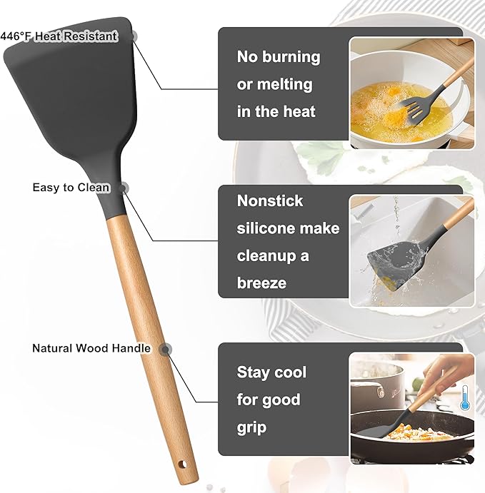 E-far Gray Cooking Utensils Set with Holder, 25-Piece Silicone Kitchen Utensil Set with Wooden Handle for Nonstick Cookware, 446°F Heat Resistant Kitchen Tool Spatula Tongs Whisk, Non-toxic & Healthy
