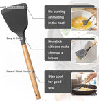 E-far Gray Silicone Cooking Utensils Set, 10-Piece Kitchen Utensils Set with Wooden Handle for Nonstick Cookware, Heat Resistant Kitchen Nonstick Tools Spatula Whisk Tongs Ladle, Non-toxic & Healthy