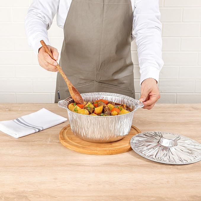 Foil Lux 3.5 Quart Pans And Lids, 100 Disposable Pots With Lids - Oven-Ready, Stove Compatible, Aluminum Foil Baking Pans, Freezable, For Outdoor Camping, Vacation, Picnic, And More - Restaurantware