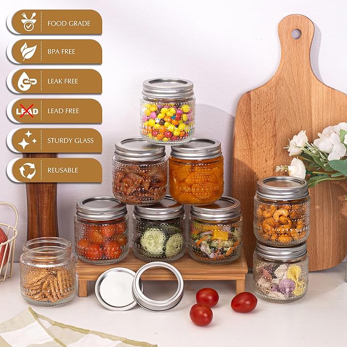 Mason Jars 8 Oz with Lids 12 Packs, Vintage Small Glass Canning Jars with Silver Metal Lids for Storing, Pickling, Honey, Jam, Home Decor, Candle and DIY Crafts