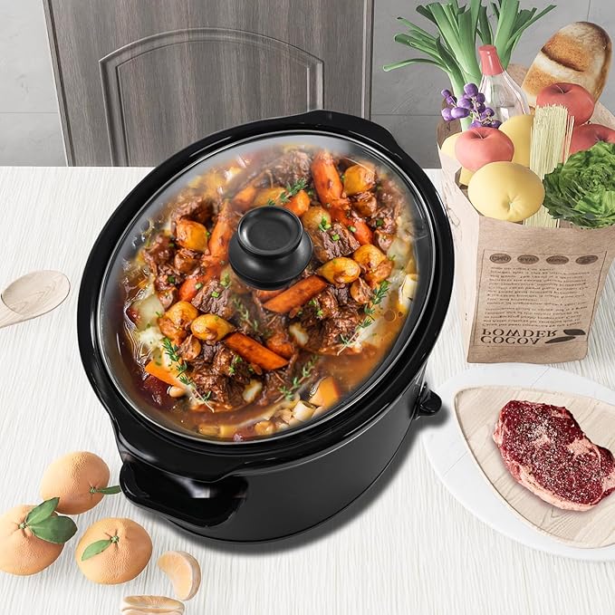 HOMECOOKIN 7 Quart Slow Cooker Oval Manual Pot Food Warmer with 3 Cooking Settings, Black Stainless Steel