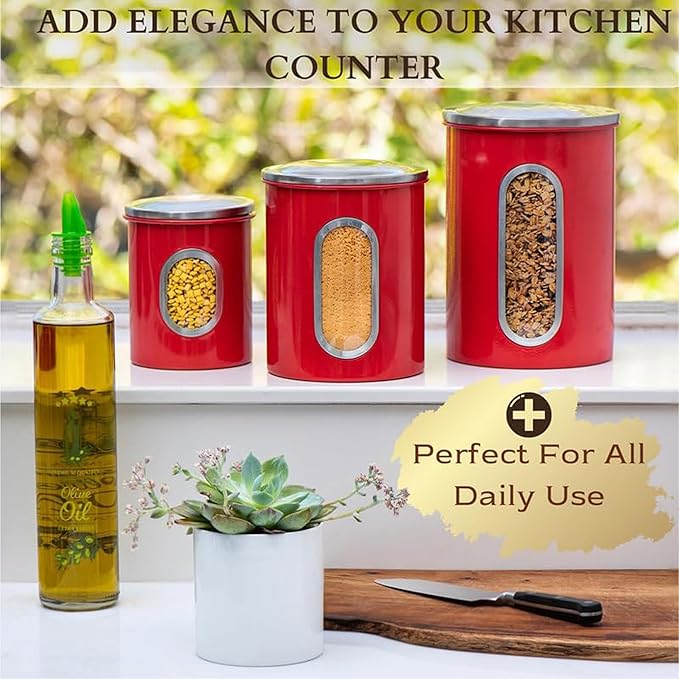 Mixpresso 3-Piece Red Canisters Sets For The Kitchen, Airtight Canister Set With See Through Window, Storage Jars for Coffee Container, Tea Organizer & Sugar Canister, Red Kitchen Canisters