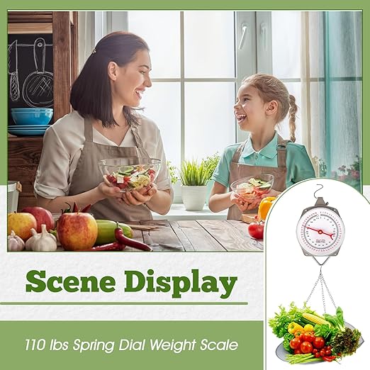 2 Sets 110 lbs Large Display Hanging Scale with Scale Scoop Kitchen Dial Weight Scale Silver Industrial Spring Scales for Shopping Traveling Food Produce Weighing