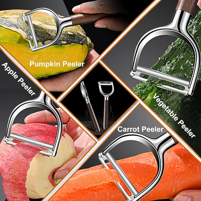 Premium Vegetable Peeler Set - Stainless Steel Y-shaped & I-shaped Peelers with Ergonomic Non-Slip Wood Handle and Hanging Loop for Fruits, Carrot,Veggie, Potatoes & Kitchen Use (2-Piece)