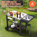 Outdoor Grill Table with Sink, Pizza Oven Cart with Drawer & Wheels, Movable 3 Shelf Food Prep Table for Ninja Woodfire, Blackstone Griddle Stand, Ooni Pizza Oven, Cuisinart, Cooking Station