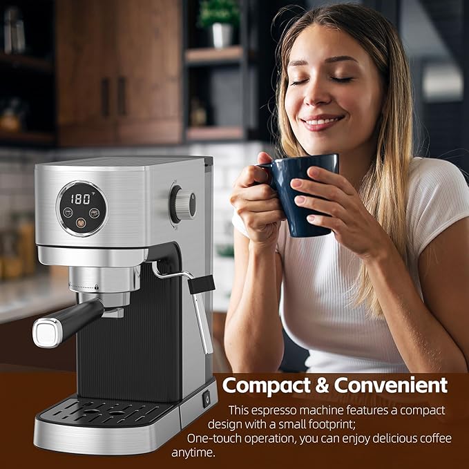 VEGETA Espresso Machine 20 Bar, Small Coffee Maker with 40oz Removable Water Tank, Stainless Steel Espresso Machine with Steam Milk Frother, Latte & Cappuccino Machine for Home, Silver