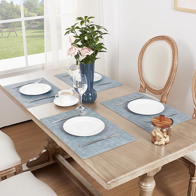 Softalker Vinyl Placemats Set of 8 - Faux Leather Heat Resistant Place Mats, 100% Waterproof Oilproof Wipe Clean Table Mats for Indoor & Outdoor Use, 17’’×12’’, Sky Blue