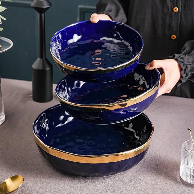 Stone Lain Florian Porcelain 3-Piece Round Shallow Bowl Service Set, Black with Gold Rim