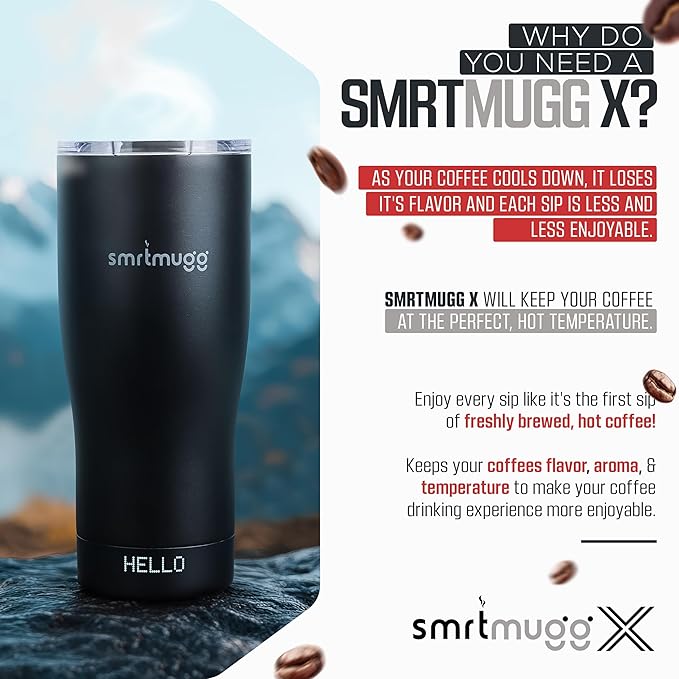 X Heated Coffee Mug 19 oz., 8 Hour Battery Life, Self-Heating, Adjustable Temp Controlled, LCD Screen, One Button Temperature Adjustment, Includes Cover with Magnetic Slider (Black) (Black)