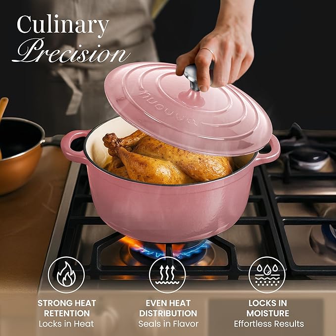 Nuovva Enamelled Cast Iron Dutch Oven Pot with Lid 6.4 Quart Non Stick Casserole Pot – Heavy Duty & Oven Safe up to 500° F for Bread Baking, Braising, Stews, Roasting – 28cm Pink
