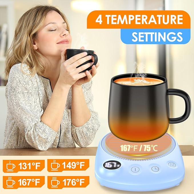 Coffee Mug Warmer - Fastest Heating & Highest Temperature, Coffee Cup Warmer for Desk Auto Shut Off, 4 Temp Settings & 1-12H Timer, Smart Electric Beverage Warmer for Coffee, Tea (Blue)