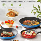 KITESSENSU Enameled Cast Iron Skillets - Non Stick Frying Pans Set with Durable Wooden Handle - 10&12 Inch Titanium Cast Iron Pans for Multi-Cooking - Pre Seasoned Cookware Set - Gradual Cobalt Blue