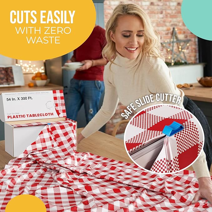 Exquisite Party Solids 54 Inch X 300 Feet Red Gingham Plastic Table Cover Roll in A Cut - to - Size Box with Convenient Slide Cutter. Cuts Up to 36 Rectangle 8 Feet Plastic Disposable Tablecloths