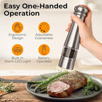 Premium Electric Salt and Pepper Grinder Set - Stainless Steel Battery Salt and Pepper Grinder Set with Adjustable Coarseness & Warm White Light - Automatic Spice Mill Shakers