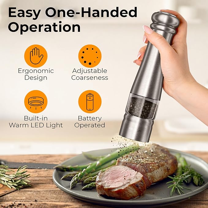 Premium Electric Salt and Pepper Grinder Set - Stainless Steel Battery Salt and Pepper Grinder Set with Adjustable Coarseness & Warm White Light - Automatic Spice Mill Shakers