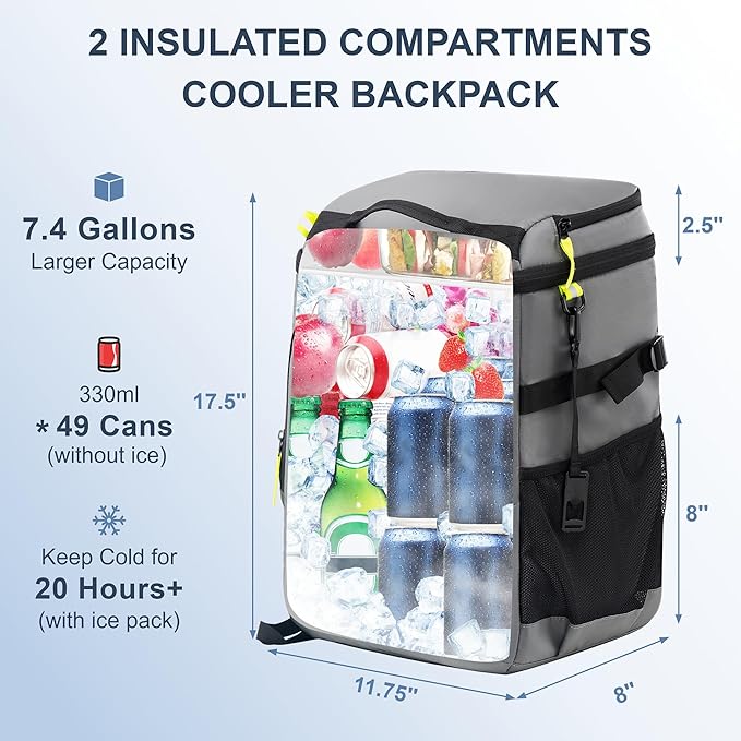 Backpack Cooler Insulated Leak Proof 33/49 Cans, 2 Insulated Compartments Thermal Bag, Portable Lightweight Beach Travel Camping Lunch Backpack for Men and Women