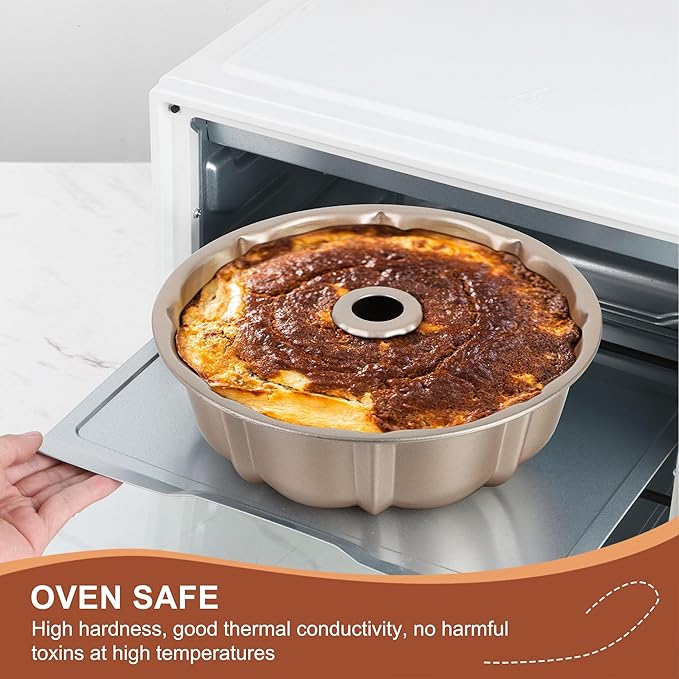 Homikit Nonstick Cake Pan Set of 2, Heavy Duty Carbon Steel Fluted Tube Round Pans 10 Inch 10 Cups for Baking Pound Cakes, Jello, Brownie, Monkey Pumpkin Bread, Oven Safe & Easy Release, Gold