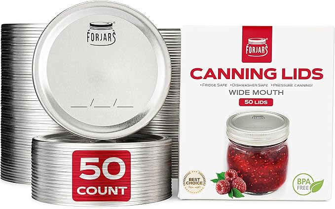 Wide Mouth Canning Lids, 50-Pack – Create Airtight Seals on Mason Jars to Preserve Food for Meal Prep & Emergency Food Storage – 3.4 In. Metal Lids with Silicone Seals – Canning Supplies by FORJARS