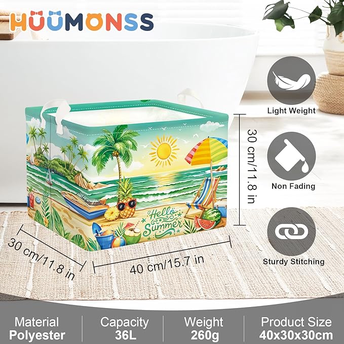 Summer Tropical Beach Storage Basket Collapsible Clothes Kid Laundry Hamper Palm Tree Large Picnic Basket Boy Girl Book Toy Box Bin, Green, 36L