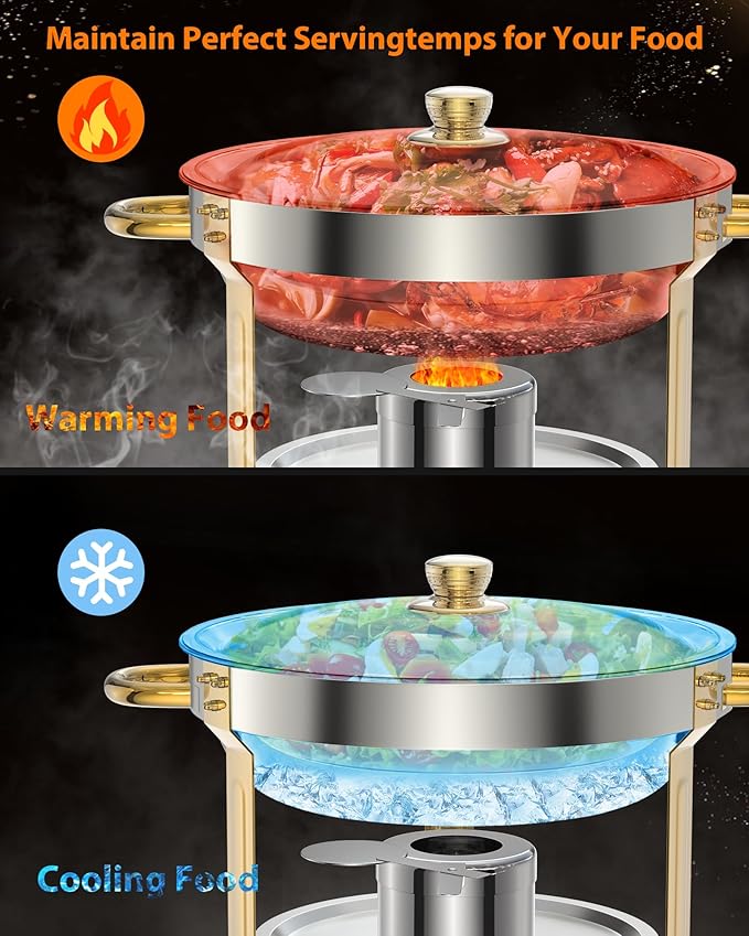 Chafing Dish for Buffet 2 Pack, 5QT Round Chafing Dishes Buffet Set w/Lid Holder, Stainless Steel Chafers and Food Warmers with Spoon and Tweezers for Parties, Weddings, Events, Banquet, Gold