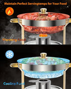 5QT 6 Packs Chafing Dish Buffet Set, NSF Round Stainless Steel Chafers and Warmers Food Servers Sets with Lid & Lid Holder, Spoon & Tweezer for Catering Events Parties Weddings Dinners, Gold