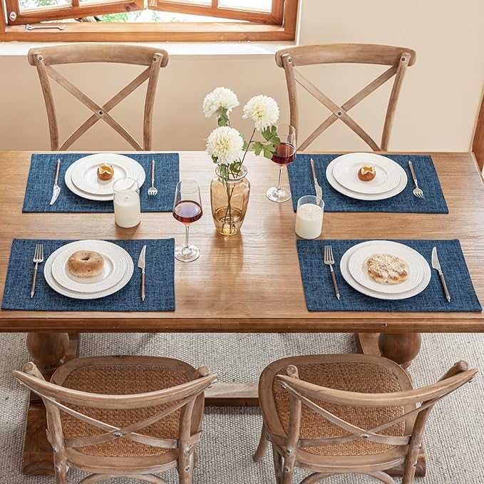 Blue Forest Placemats Set of 6, Dual-Layered Thickened Faux Linen Cloth Place Mats Heat Resistant Machine Washable Wrinkle Free Table Mats Indoor/Outdoor (Navy Blue)