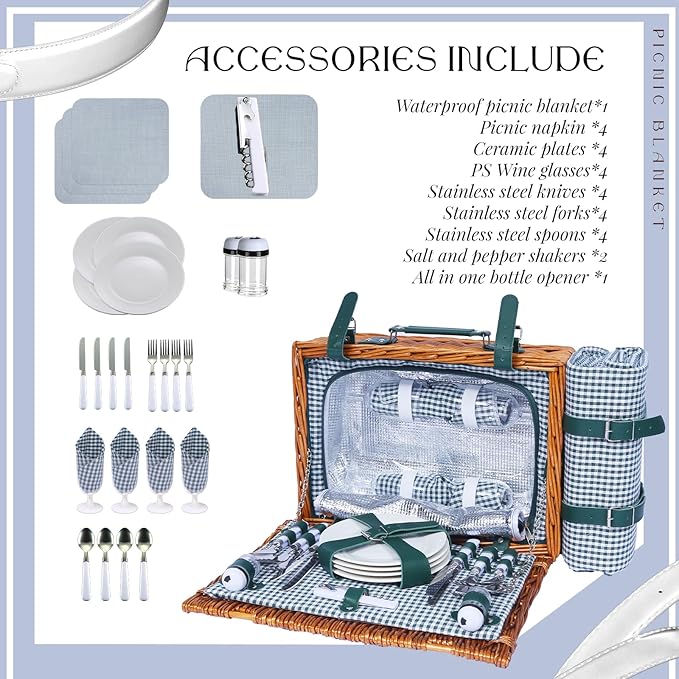 Picnic Basket Set for 4 with Waterproof Blanket Mat Insulation Bag Wicker Green Plaid Classic Vintage Fresh Cottagecore Gift for Wedding Birthday Summer Outdoor Camping Beach Travel Christmas