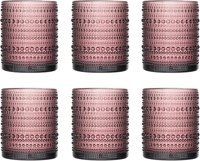 XKXKKE Hobnail Beaded Drinking Glasses Set of 6, 12 oz Vintage Glassware Set Romantic Water Glasses Tumbler, Water Cups, Clear Embossed Glassware Set for Beer, Juice, Cocktail, Soda, Beverages Purple