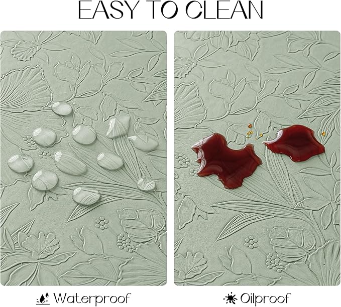 Romanstile Vinyl Placemats Set of 6-12 X 18 Inch - Heat Resistant Non-Slip Embossed Floral Place Mats 100% Waterproof Oilproof Wipeable Faux Leather Table Mats for Kitchen/Dining/Party, GrassGreen