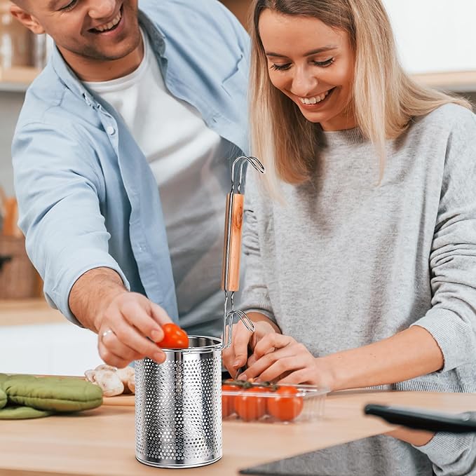 2 Pack Pasta Basket, Stainless Steel Mesh Noodle Strainer Basket with Wooden Handle, for Boiling Food, Pasta, Noodles, Dumpling, Ramen, 4.3''D x 5.7''H