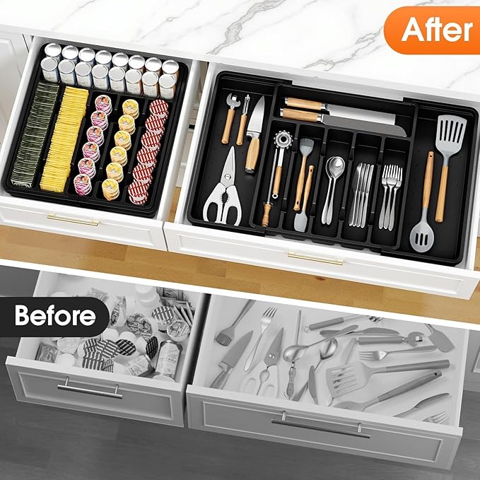 Silverware Organizer，Adjustable & Expandable Utensil Drawer Organizer, BPA Free Utensil Holder, Cutlery Tray for Forks, Spoons, Knives in Kitchen, Large, Black