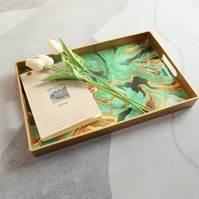 Green Marbling Decorative Tray with Handles, Morden Plastic Rectangular Serving Tray for Coffee Table Bathroom, Ottoman, Home Decor, 15.7"* 10.2"* 1.38"