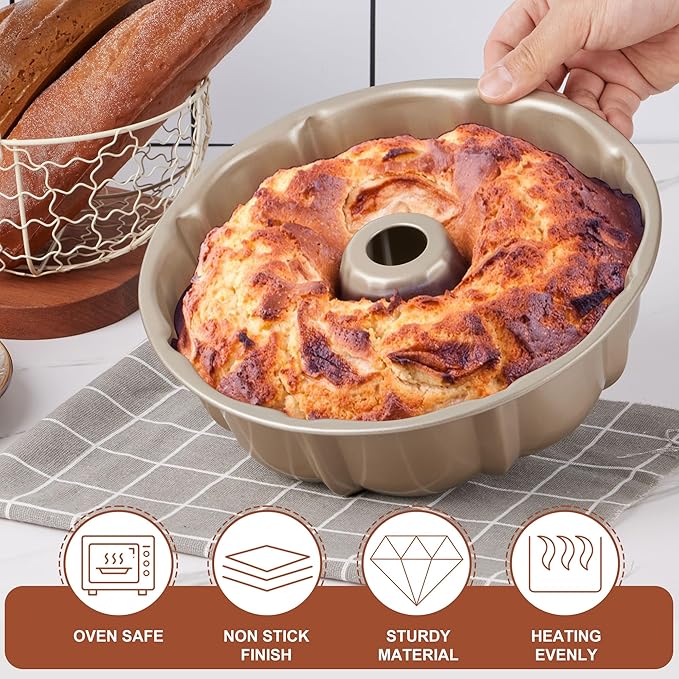 Homikit Fluted Cake Pan 10 Cups, 10 Inch Heavy Duty Carbon Steel Tube Round Pans for Baking Meatloaf Jello Angel Food Cake Monkey Bread and More, Nonstick & Easy Release, Gold