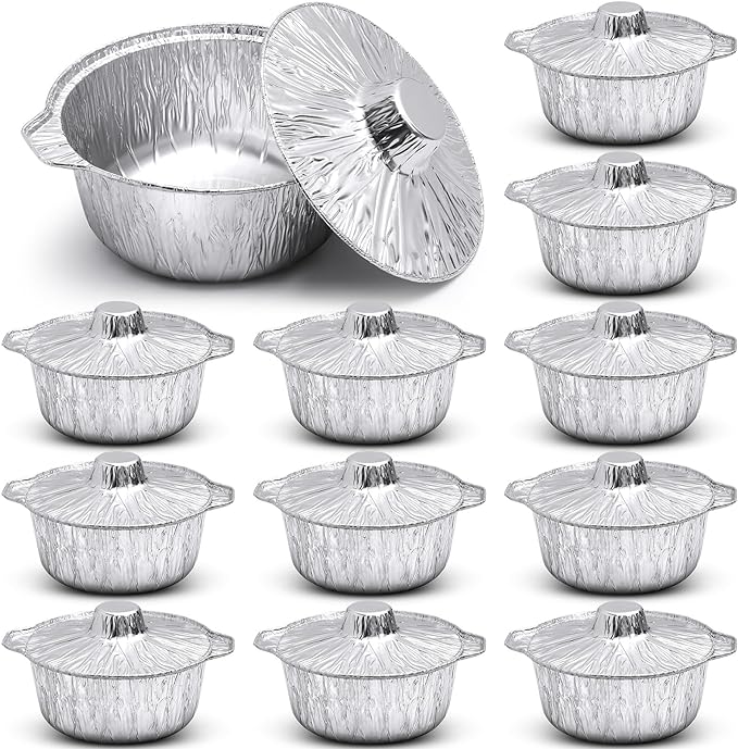 12 Pcs Disposable Aluminum Pot with Lid Round Foil Pans Disposable Cookware Food Container for Vacation Trips Camping Baking Heating Cooking (74.4 oz)