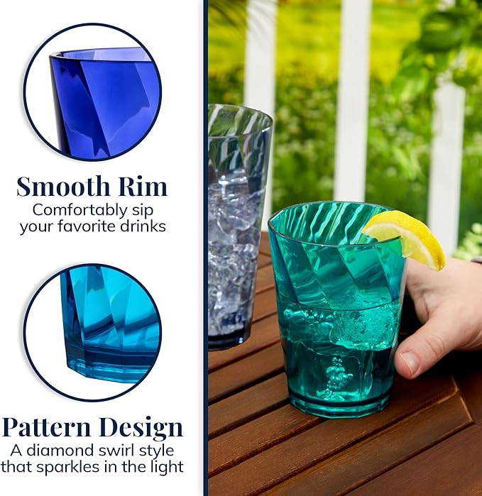 US Acrylic Optix Plastic Reusable Drinking Glasses (Set of 16) 14oz Rocks & 20oz Water Cups in Coastal Colors | BPA-Free Tumblers, Made in USA | Top-Rack Dishwasher Safe