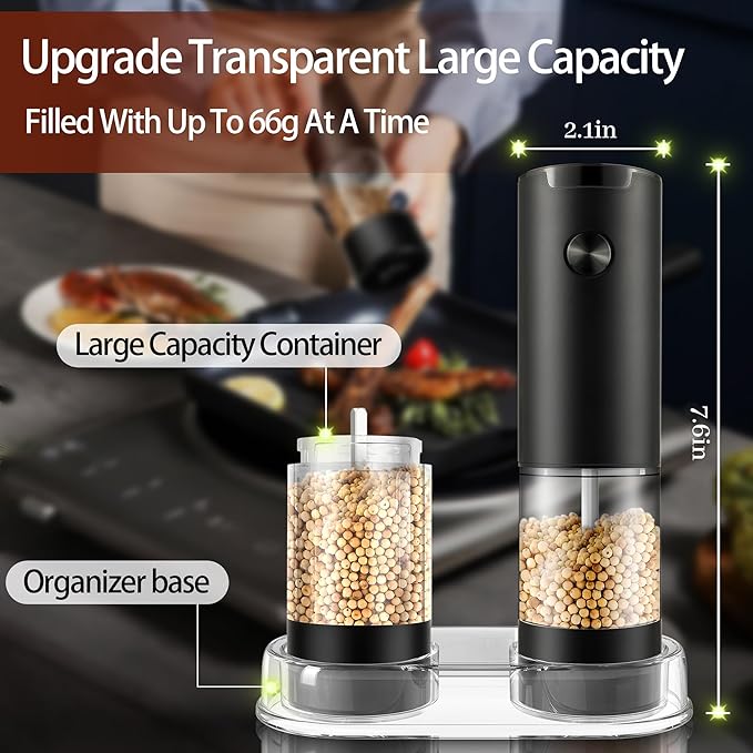 Electric Salt and Pepper Grinder Set, Automatic Mill, Adjustable Coarseness, LED Light - Convenient One-Hand Operation - Perfect for Kitchen and BBQ - Includes Salt and Pepper Shakers (2 Pack)