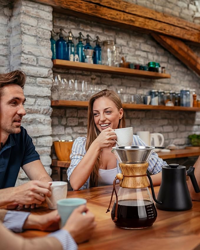 AGOGO Pour Over Coffee Maker Glass - 6/8/10 Cup Barista Kit with 304 Stainless Filter for Home, Office, Camping, Cafes - Easy Clean Coffee Dripper Set (Rag&Brush Included) (10 Cup/34 oz-Slim Shape)