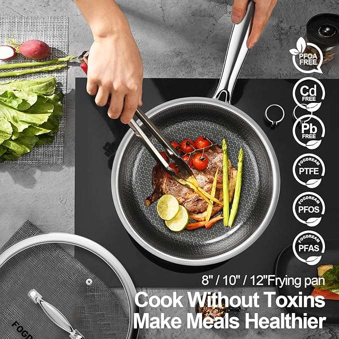 Fogdream 8” Stainless Steel Pan, Non Stick Frying Skillet with Lid, Tri-Ply Stainless Steel for All Cooktops, Dishwasher and Oven-Safe Cooking Pan, Stay-Cool Handle, Silver