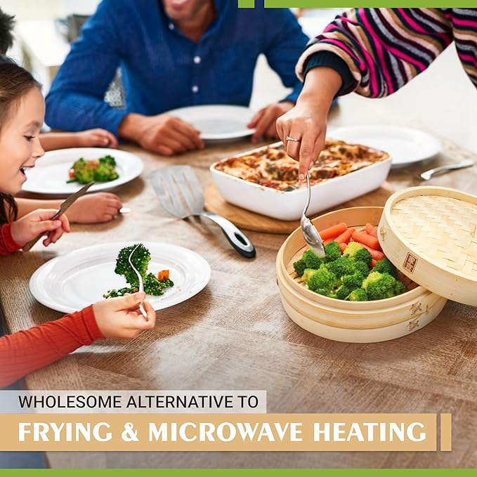 Zoie + Chloe Bamboo Steamer Basket - 2-Tier Dumpling Steamer for Cooking with 2 Reusable Cotton Liners for Bao, Dim Sum, Veggies, Asian Steamed Buns -Stackable, Space-Efficient - 8-Inch Steam Basket