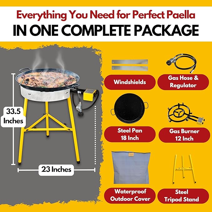 Paella Burner and Stand Set 12 Servings, 18 Inch Paella Pan, Dual Propane Outdoor Stove with Stand & Regulator, Portable Gas Cooker for Camping Crawfish Boil Cooking Outdoor, Paellera Propano