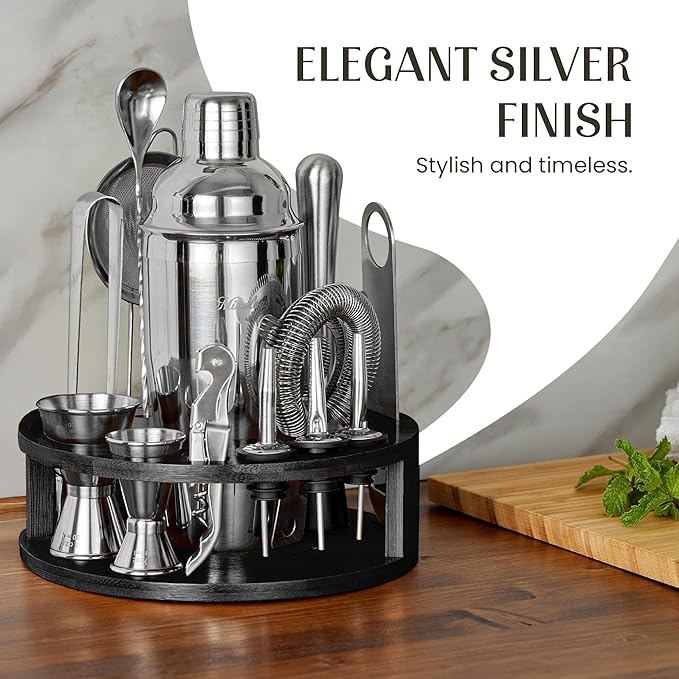 Mixology & Craft Bartender Kit – 15-Piece Cocktail Shaker Set with Bar Tools, Premium Stainless Steel Drink Mixer Accessories for Home Bar, Includes Bamboo Stand, Plus Exclusive Recipe Cards (Silver)