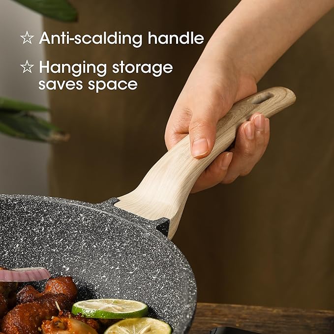 CAROTE 12.5 Inch Nonstick Deep Frying Pan with Lid, 6.5 Qt Jumbo Cooker Saute Pan with Pour Spout, Skillet Induction Cookware, Non Stick Cooking Pan PFOA Free, Classic Granite