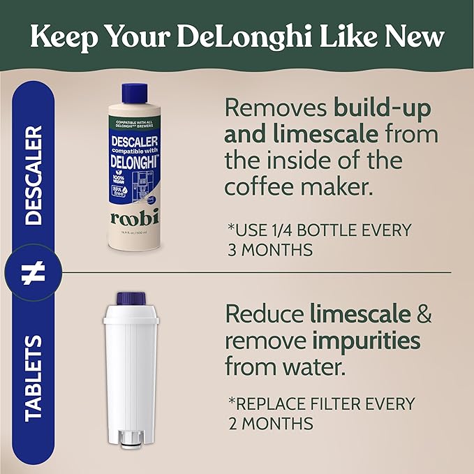 Roobi DeLonghi Compatible Cleaning Descaling Kit. Includes 1 Bottle of Descaling Solution and 4 DeLonghi Filters. Carbon Neutral DeLonghi Cleaner Descaler Kit. 1 Year Supply.