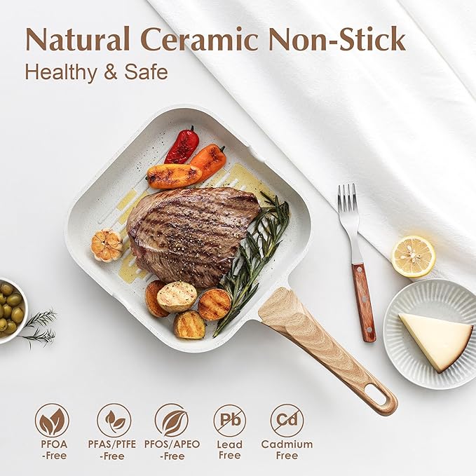 SENSARTE Nonstick Ceramic Grill Pan for Stove Tops, Square Grilling Pan with Pour Spouts, Non Toxic Durable Grill Skillet for All Stoves(Gas,Electric,Induction) PTFE,PFAS,PFOA Free, 12Inch (White)