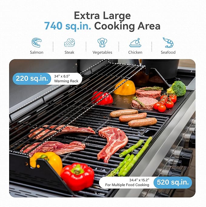 2 in 1 Propane Griddle Grill Combo, 6-Burner Propane Gas BBQ Combo Grill with Porcelain-Enameled Cast Iron Grates & Plate, 42,000 BTU with Side Stove for Outdoor Cooking Camping Patio Backyard