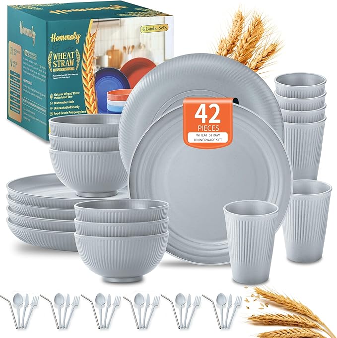Wheat Straw Dinnerware Sets,42-Piece Plates and Bowls Sets for 6-Unbreakable,Reusable Plastic Dish Set-Dinner Plate/Cereal Bowl/Cup/Utensils-Microwavable Dishwasher Safe 42P-Gray