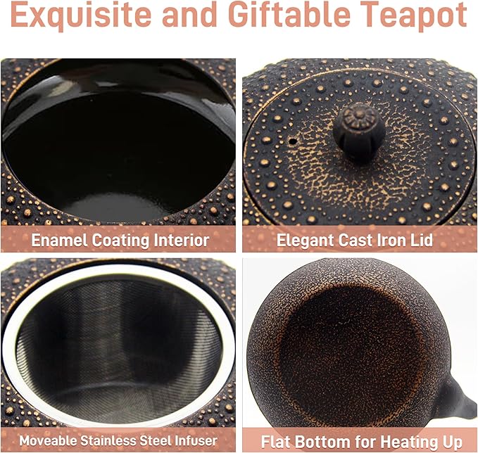 YJX 60.9oz Large Cast Iron Teapot for Stovetop Safe, 6 Cup Tea Kettle, Japanese Tetsubin, Teapot with Stainless Steel Infuser for Loose Tea, Tea Pot Enameled Interior (1.7QT/1.8L)